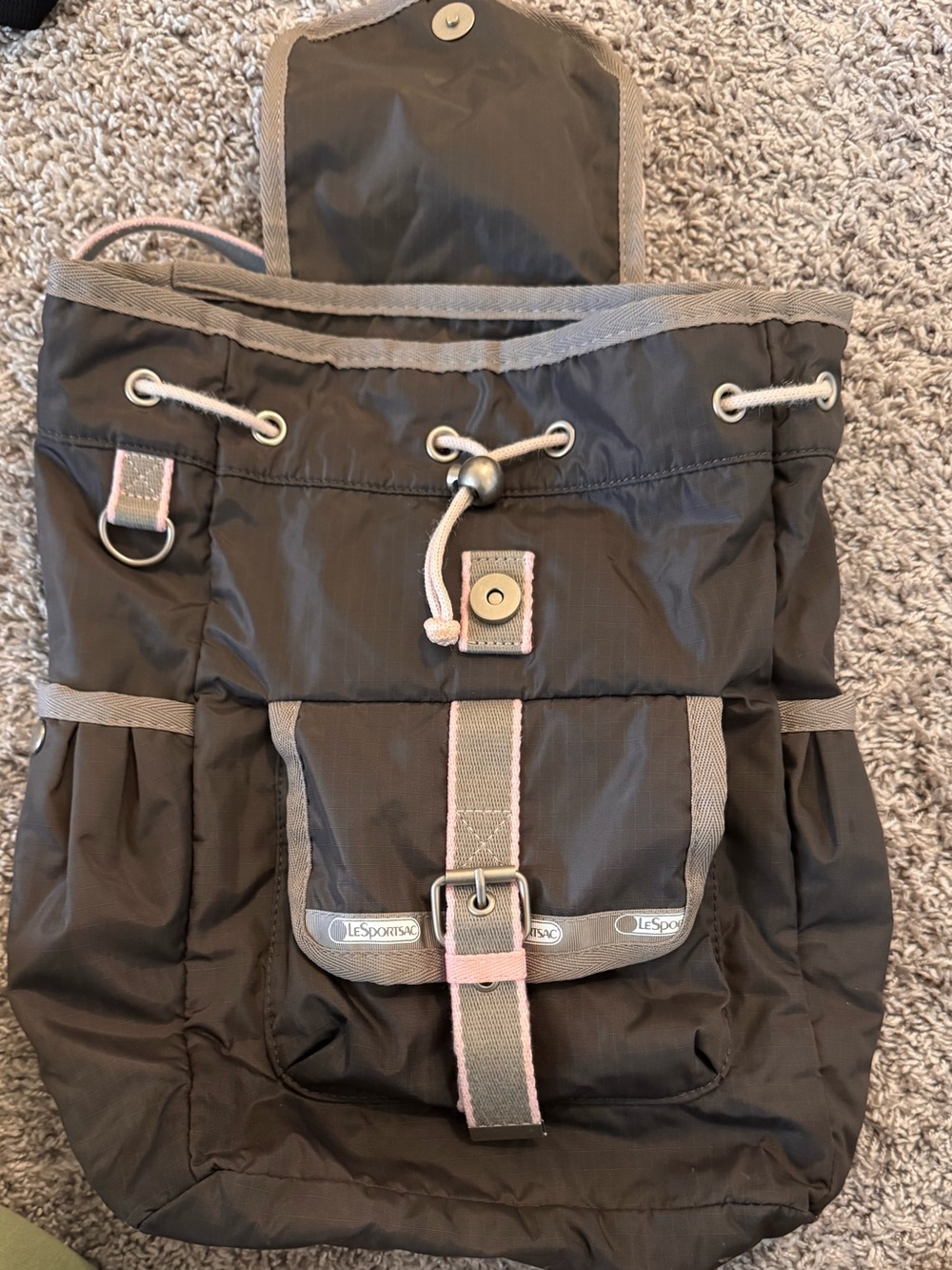 LeSportsac Grey Nylon Drawstring Backpack with Pink Trim